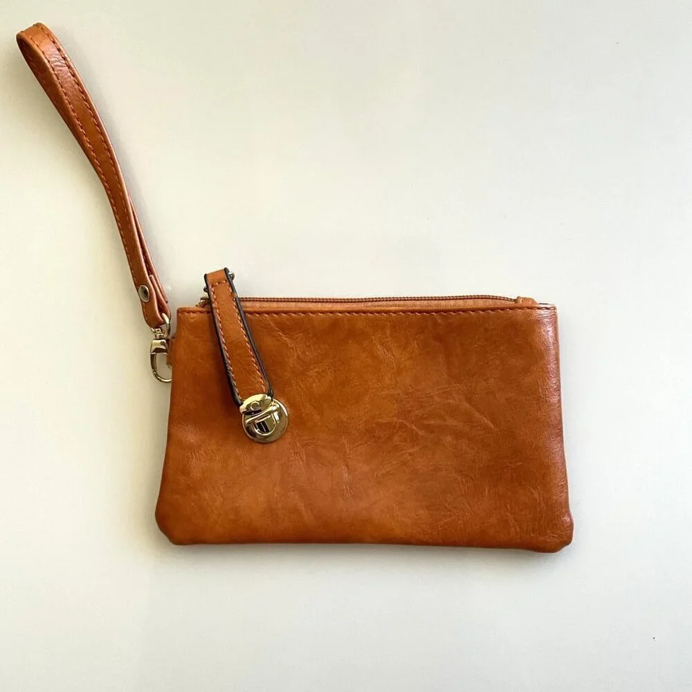 NEW COGNAC BROWN FAUX LEATHER WRISTLET CLUTCH BAG PHONE MAKEUP POUCH NWOT